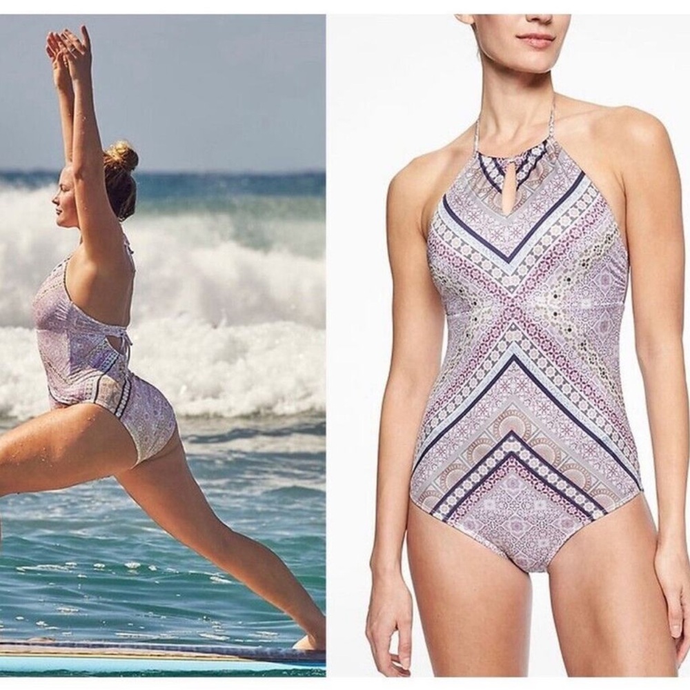 Athleta Aqualuxe print high neck keyhole swimsuit